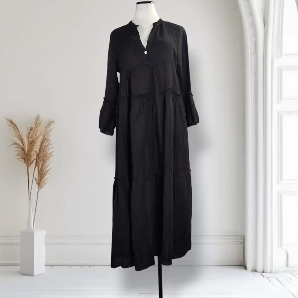 Meo Meli Italy Black Linen Maxi Dress L Lagenlook Tiered Boho Bell Sleeve